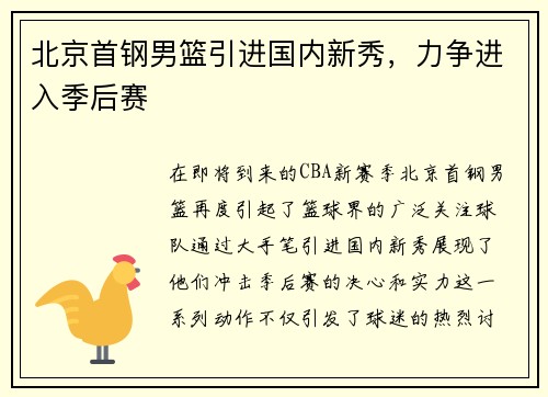 北京首钢男篮引进国内新秀，力争进入季后赛