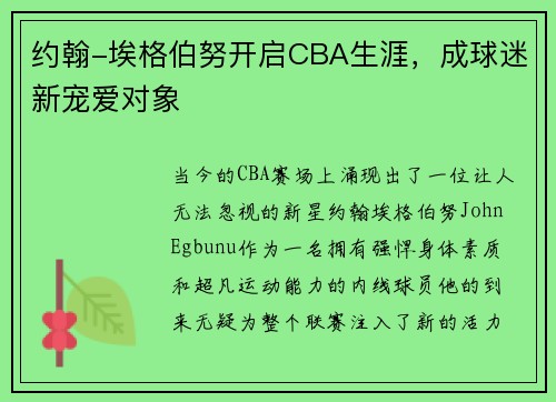 约翰-埃格伯努开启CBA生涯，成球迷新宠爱对象