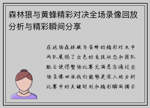 森林狼与黄蜂精彩对决全场录像回放分析与精彩瞬间分享