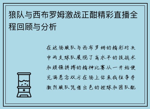 狼队与西布罗姆激战正酣精彩直播全程回顾与分析