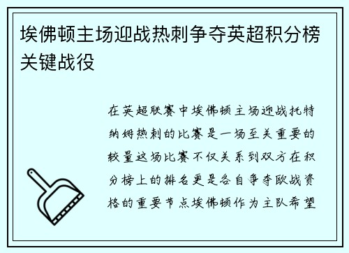 埃佛顿主场迎战热刺争夺英超积分榜关键战役