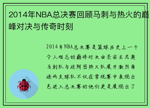 2014年NBA总决赛回顾马刺与热火的巅峰对决与传奇时刻