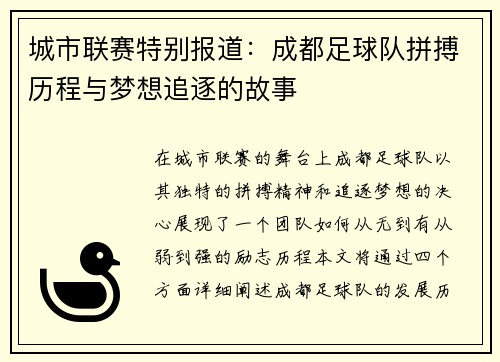 城市联赛特别报道：成都足球队拼搏历程与梦想追逐的故事