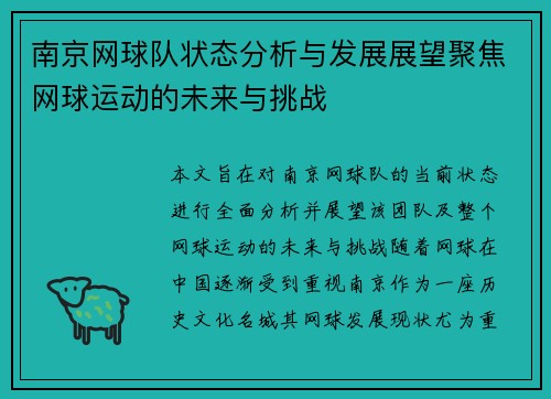 南京网球队状态分析与发展展望聚焦网球运动的未来与挑战
