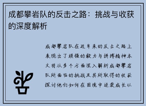 成都攀岩队的反击之路：挑战与收获的深度解析