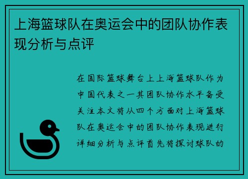 上海篮球队在奥运会中的团队协作表现分析与点评