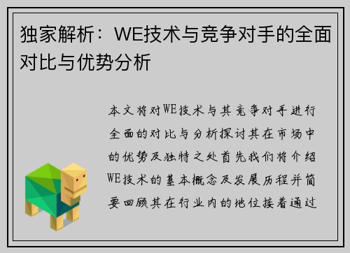 独家解析：WE技术与竞争对手的全面对比与优势分析